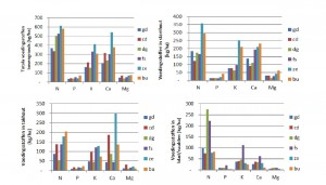 Nutriëntenhoeveelheden in de bovengrondse biomassa (totaal, stam, takken, bladeren/naalden) bij een stamvolume van 300 m³/ha voor zes soorten (De Jong J (2011) Effecten van oogst van takhout op de voedingstoestand en bijgroei van bos: een literatuurstudie. Alterra)